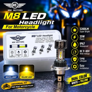 M8 3200LM 30W LED Headlight with White+Yellow light,DC 12–24V, IP67 for motorcycles.