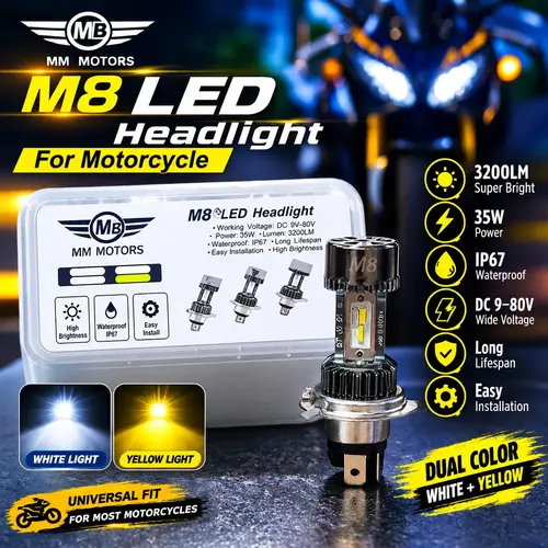 M8 3200LM 30W LED Headlight with White+Yellow light,DC 12–24V, IP67 for motorcycles.
