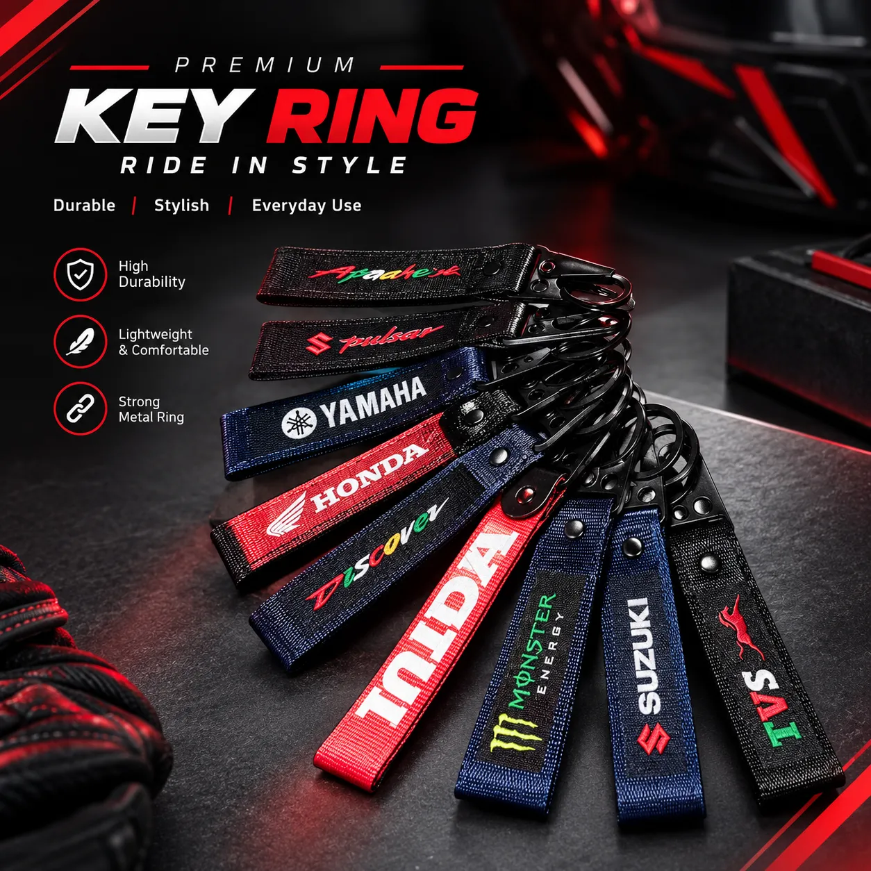 Premium Motorcycle Ribbon Key Ring – Embroidered Bike Keychain